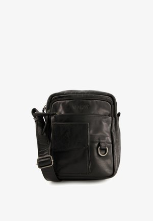 Sac messager en cuir noir avec une finition texturée, plusieurs compartiments zippés, une poche avant avec rabat et une bandoulière réglable.