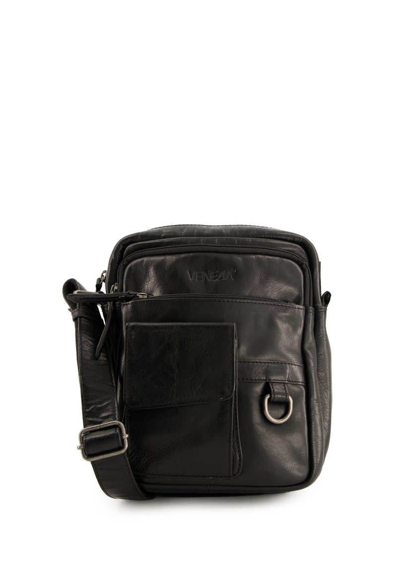 Schwarze Leder-Umhängetasche mit strukturiertem Finish, mehreren Reißverschlussfächern, einer Fronttasche mit Klappe und einem verstellbaren Schultergurt.
