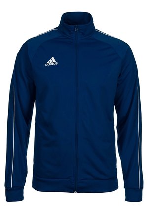 Marineblaue Zip-Jacke mit hohem Kragen, aus glattem Stoff, mit weißen Streifen an den Schultern und Ärmeln, verziert mit einem Logo.