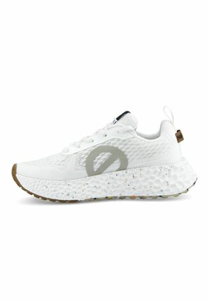 White athletic shoes with textured mesh upper, light grey logo, and speckled outsole. Features rounded toe and cushioned sole for comfort.