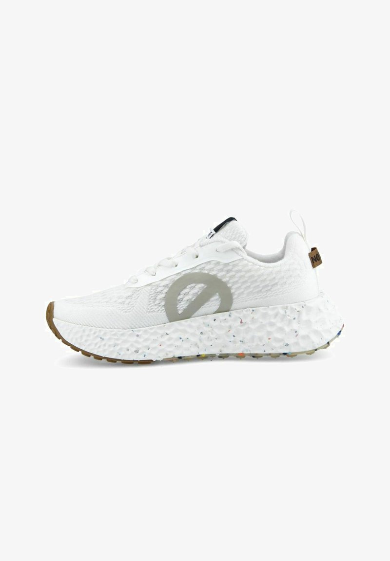 White athletic shoes with textured mesh upper, light grey logo, and speckled outsole. Features rounded toe and cushioned sole for comfort.