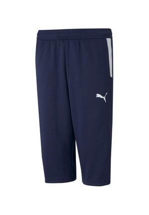 Navyfarbene Sportshorts aus leichtem Material mit elastischem Bund. Verfügt über weiße Seitenelemente und ein weißes Logo auf der Vorderseite.