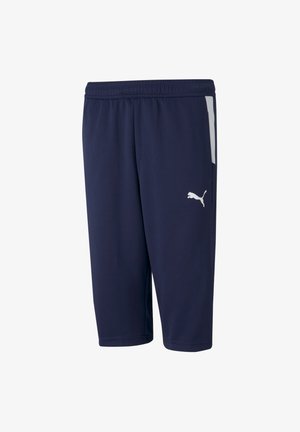 Pantalones cortos deportivos de color navy hechos de un tejido ligero con cinturilla elástica. Presenta acentos laterales blancos y un logotipo blanco en la parte frontal.