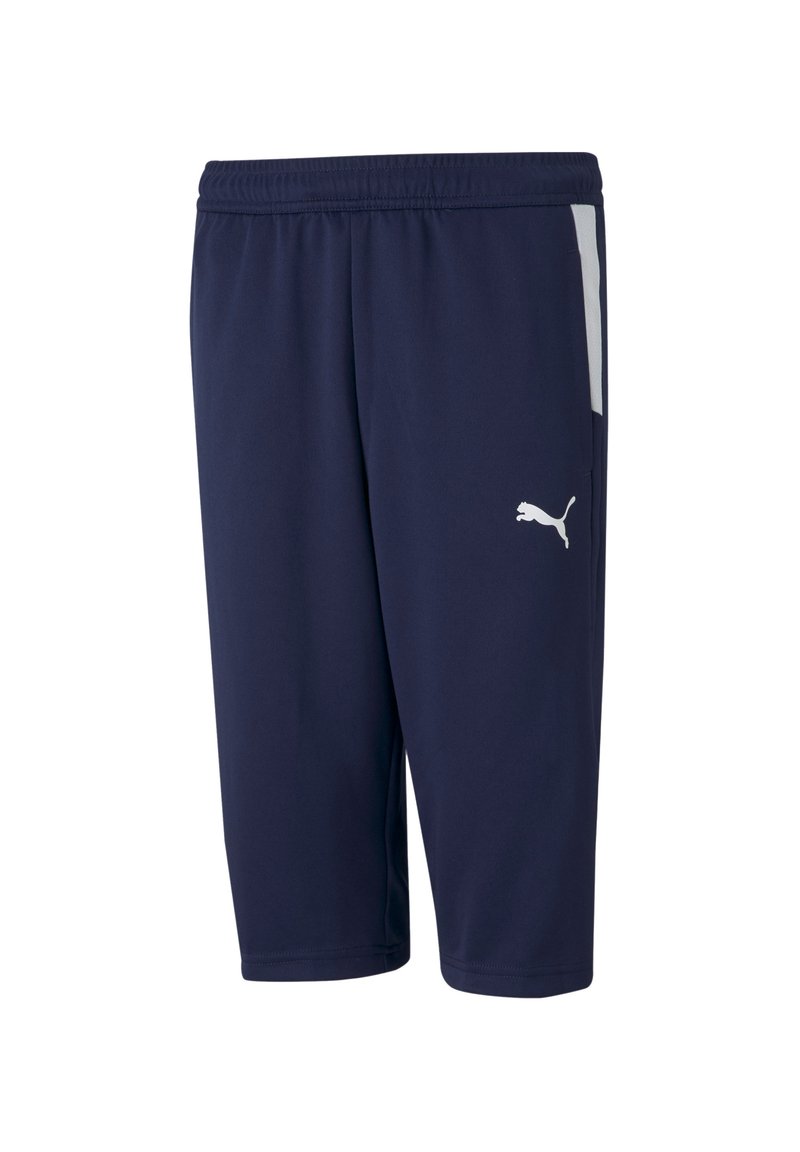 Navyfarbene Sportshorts aus leichtem Material mit elastischem Bund. Verfügt über weiße Seitenelemente und ein weißes Logo auf der Vorderseite.