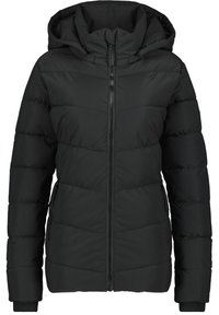 Giubbotto imbottito nero con cappuccio, caratterizzato da pattern a righe verticali, chiusura con zip e due tasche laterali; tessuto liscio e polsini a coste.