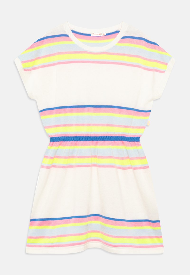 Balta īsā piedurkņu kleita ar horizontālām svītrām pasteļrozā, zilos, dzeltenos un tumši zilos toņos. Elastīga jostasvieta veido pieguļošu siluetu.