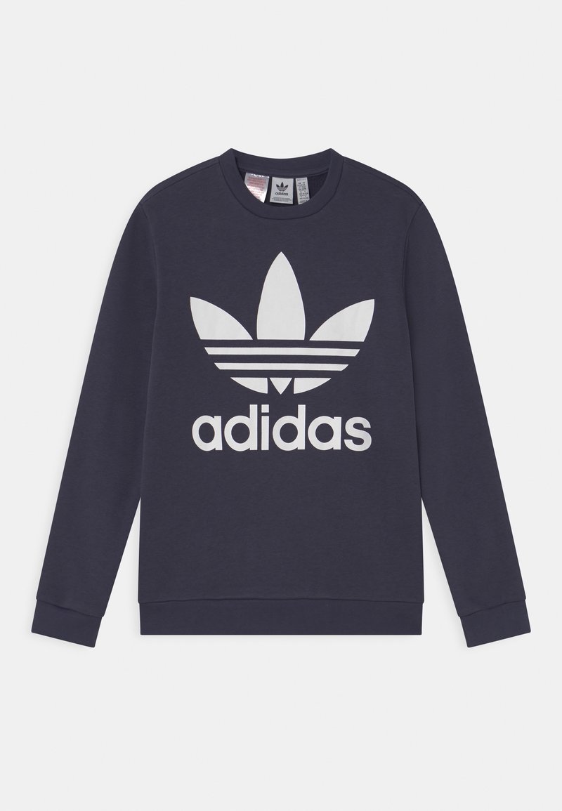 Laivaston sininen huvtröja gjord av bomull, med en stor vit Adidas-logotyp som har tre ränder och en trefaldig design på framsidan.