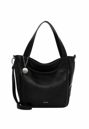 Black leather handbag with a smooth texture, curved design, and dual straps. Features decorative stitching and a logo charm attached.