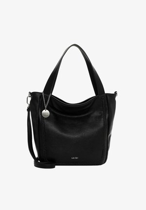 Schwarze Lederhandtasche mit glatter Textur, geschwungenem Design und doppelten Trägern. Verfügt über dekorative Steppnähte und einen daran befestigten Log charm.