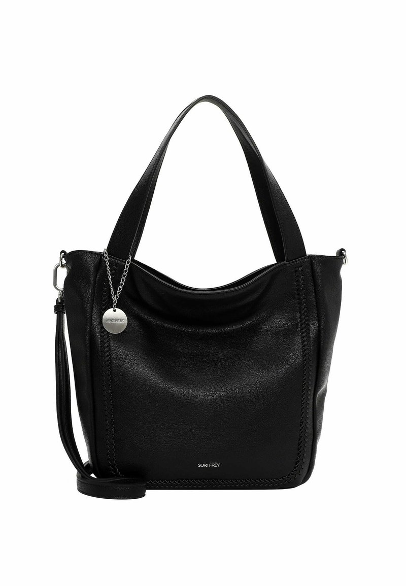 Sac à main en cuir noir avec une texture lisse, un design courbé et des doubles poignées. Il présente des coutures décoratives et un pendentif logo attaché.