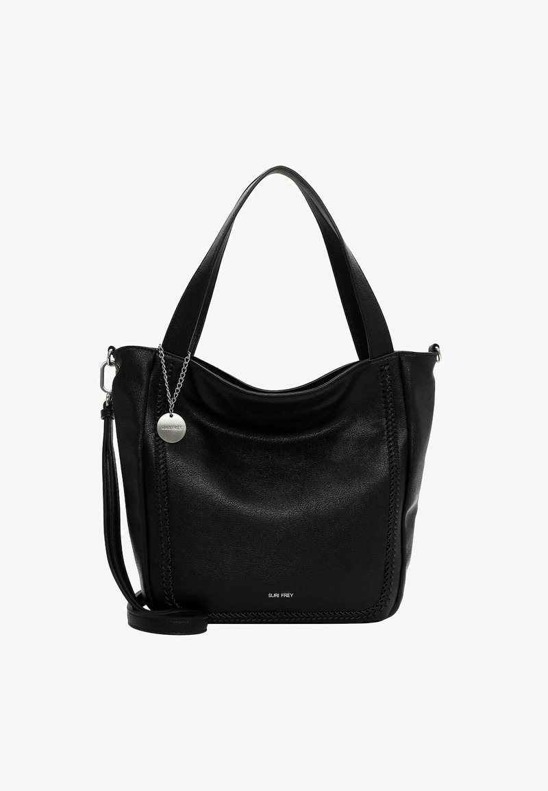 Schwarze Lederhandtasche mit glatter Textur, geschwungenem Design und doppelten Trägern. Verfügt über dekorative Steppnähte und einen daran befestigten Log charm.