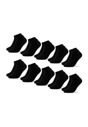 Zehn Paar schwarze Knöchelsocken, die in zwei Reihen auf einem weißen Hintergrund angeordnet sind.