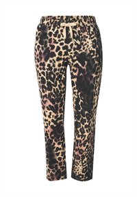 Pantalones jogger de estampado de leopardo hechos de tejido suave, con cintura elástica, cierre de cordón y diseño de pierna ajustada en colores beige, negro y púrpura.