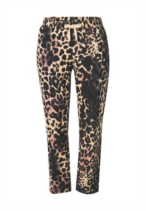 Leopardenmuster-Jogginghosen aus weichem Stoff, mit elastischem Taillenbund, Kordelzug und schmal zulaufendem Bein in Beige, Schwarz und Lila.
