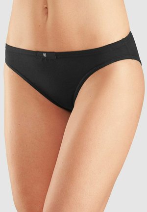 Schwarze Bikini-Briefs mit glatter Textur und minimalistischem Design. Verfügt über ein kleines Markenschild am Bund, was einen sauberen Look verleiht.