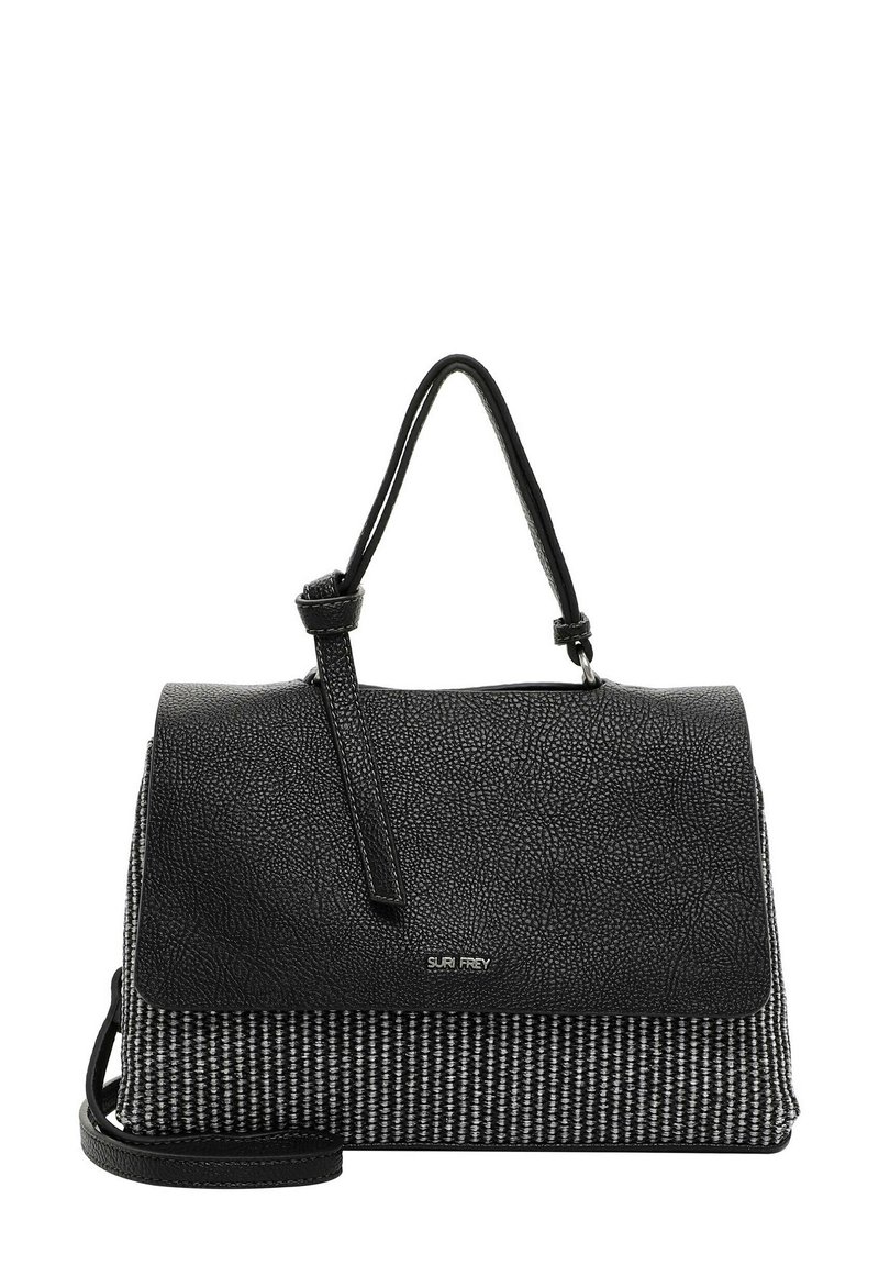 Borsa nera con parte superiore in pelle testurizzata e una sezione inferiore intrecciata bianca e nera. Presenta una maniglia superiore e una tracolla regolabile.