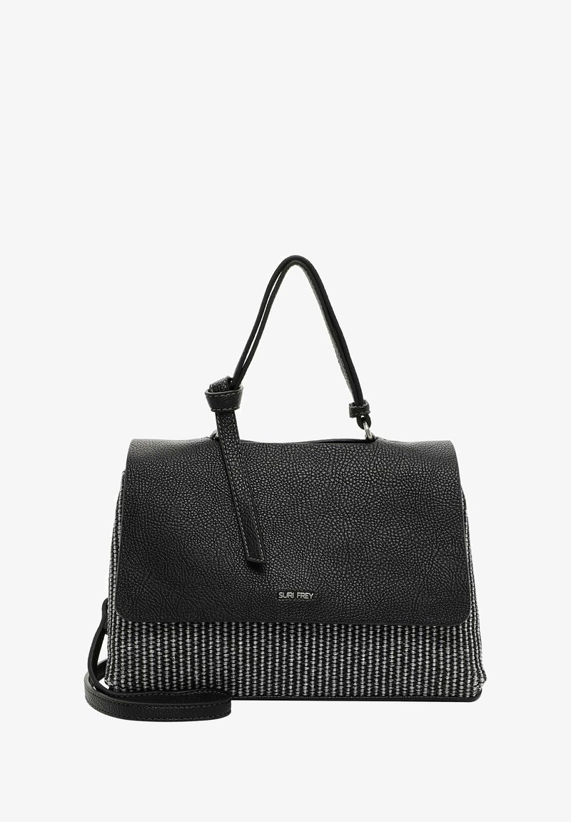 Borsa nera con parte superiore in pelle testurizzata e una sezione inferiore intrecciata bianca e nera. Presenta una maniglia superiore e una tracolla regolabile.
