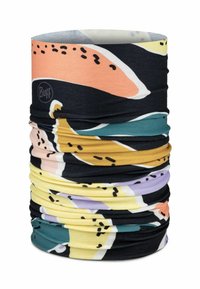 Multi-functional neck gaiter made of stretchy fabric in various colors. Features abstract patterns with black, peach, yellow, and green accents.