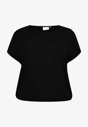 Zwarte blouse met een ronde halslijn, korte mouwen en een ontspannen pasvorm. Gemaakt van lichtgewicht stof met een subtiele textuur.