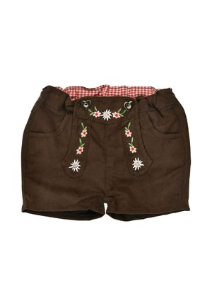 Braune Shorts im traditionellen Stil mit bestickten weißen und roten Blumen, herzförmigen Knöpfen und rotem Vichy-Karomuster am elastischen Bund.