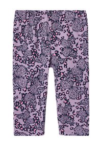 Paarse legging met een vlinder- en panterprintpatroon, voorzien van een elastische tailleband en zachte, rekbare stof.