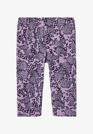 Paarse legging met een vlinder- en panterprintpatroon, voorzien van een elastische tailleband en zachte, rekbare stof.