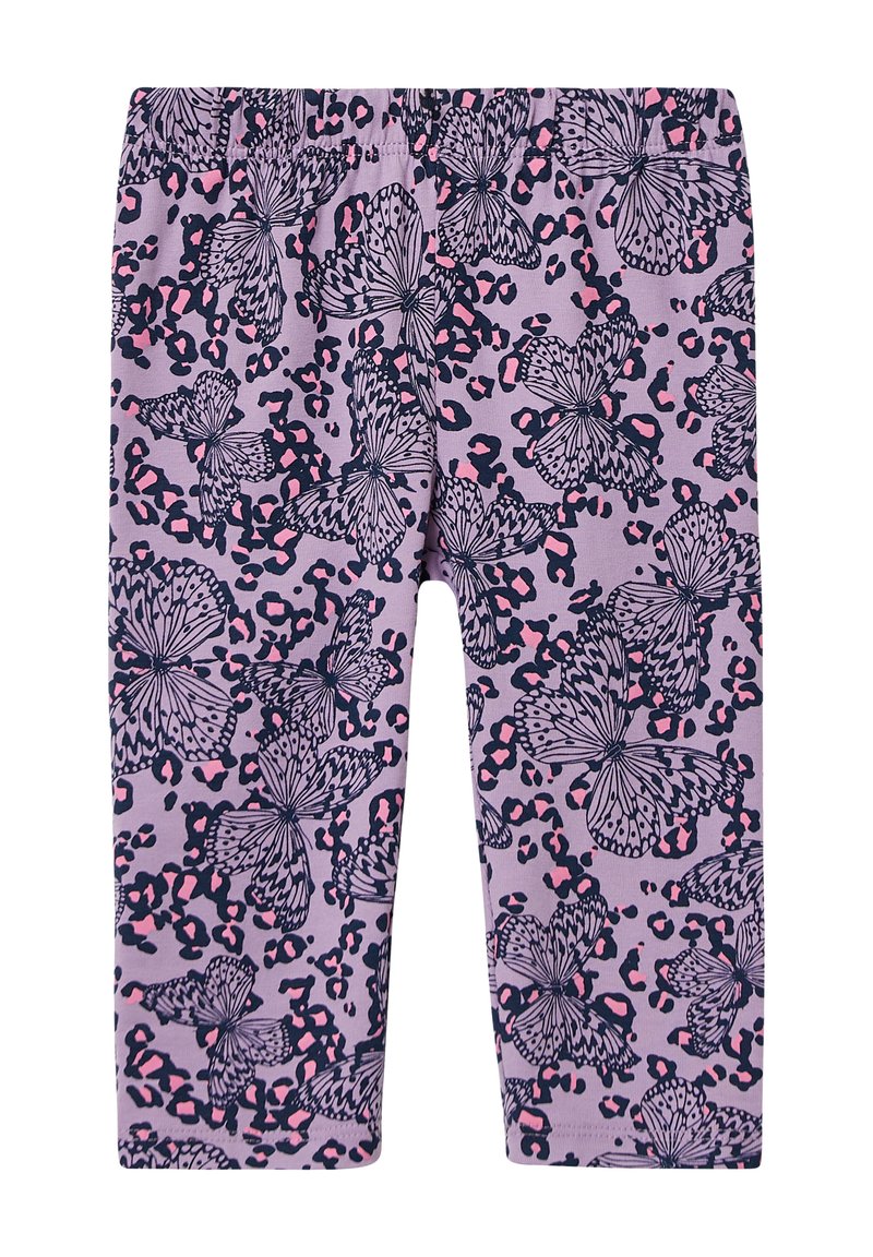 Paarse legging met een vlinder- en panterprintpatroon, voorzien van een elastische tailleband en zachte, rekbare stof.