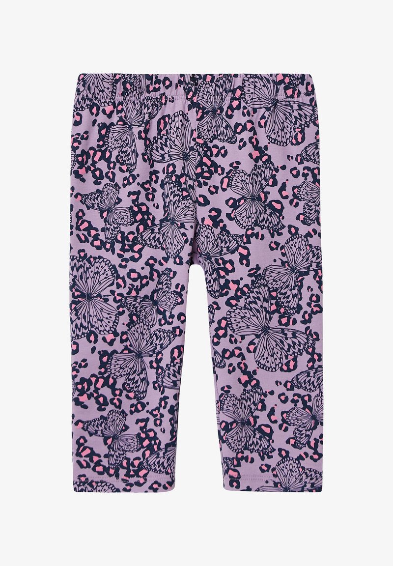 Fioletowe legginsy z wzorem motylków i panter, z elastycznym pasem i miękkim, rozciągliwym materiałem.