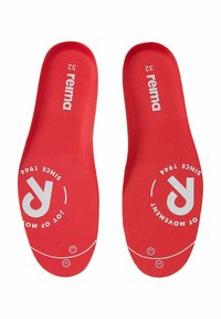 Sottopiedi rossi con una superficie liscia, con il nome del marchio "reima" e il logo, taglia "32," e "dal 1944" stampato in bianco.