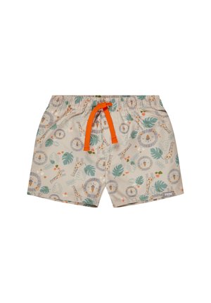 Beige Kinder-Badehose mit orangem Kordelzug, bedruckt mit Löwen, Giraffen und tropischen Blättern in sanften Farben.
