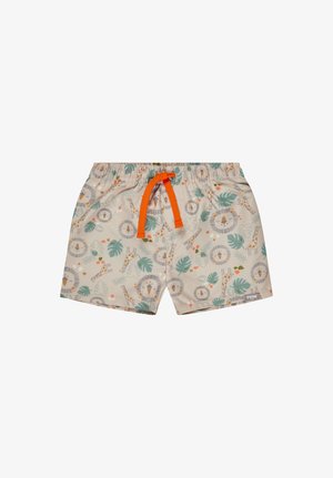 Beige children's swim shorts with orange drawstring, featuring printed lions, giraffes, and tropical leaves in soft colors.