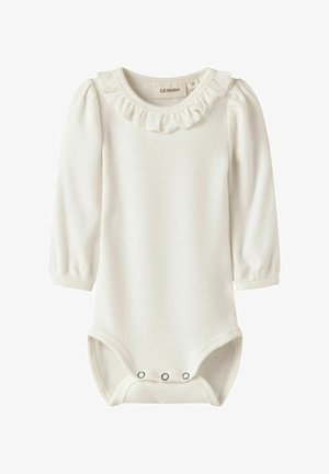 Body pour bébé blanc à manches longues en tissu côtelé avec col froufrouté et fermetures à pression sur le bas.
