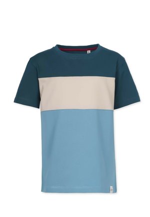 Puuvillane T-särk, millel on värviblokiga disain, tume smaragdroheline, hele beež ja hele sinine sektsioon. Lühikesed varrukad ja ümar kaelus.