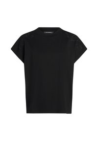 Black short-sleeve t-shirt featuring embroidered floral patterns on shoulders and a subtle logo on the chest. Made from soft fabric.