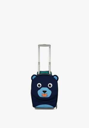 Rollkoffer mit navyfarbigem Stoffbezug und einem Bärenkopf-Design. Zweifarbige blaue Akzente, ausziehbarer Griff und Reißverschluss.