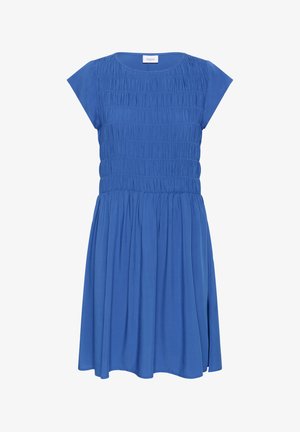 Abito blu realizzato in tessuto leggero. Presenta un corpetto arricciato, maniche corte e una gonna svasata. Tessuto morbido, design casual.