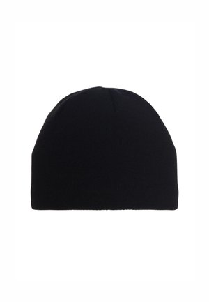 Black knit beanie with a seamless top, rounded shape, and soft texture. Simple design, suitable for various styles and outdoor use.