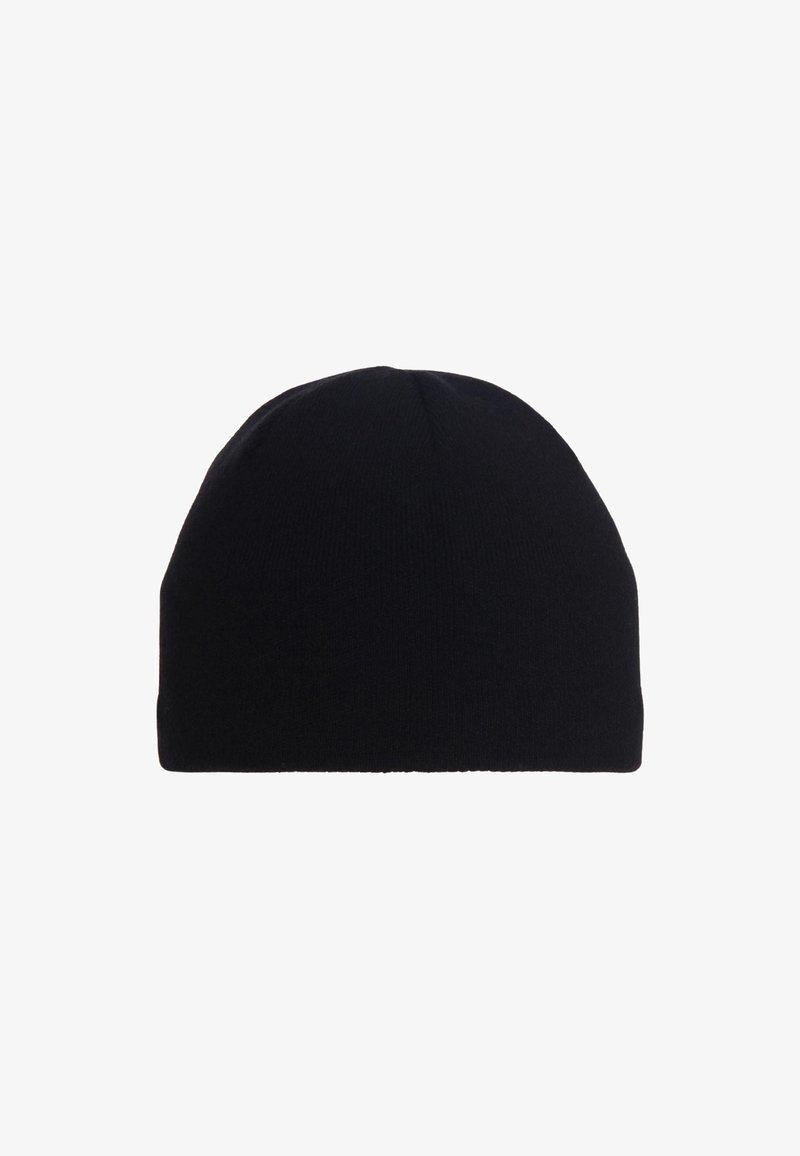 Black knit beanie with a seamless top, rounded shape, and soft texture. Simple design, suitable for various styles and outdoor use.
