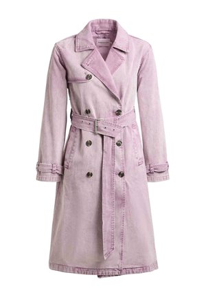 Hellvioletter, zweireihiger Trenchcoat mit Taillengürtel, geknöpften Manschetten und breiten Revers, gefertigt aus einem weich strukturierten Stoff.