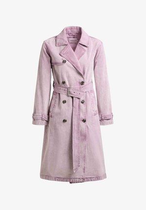 Lichtpaarse double-breasted trenchcoat met een ceintuur in de taille, knoopmanchetten en brede revers, gemaakt van zacht textuurstof.