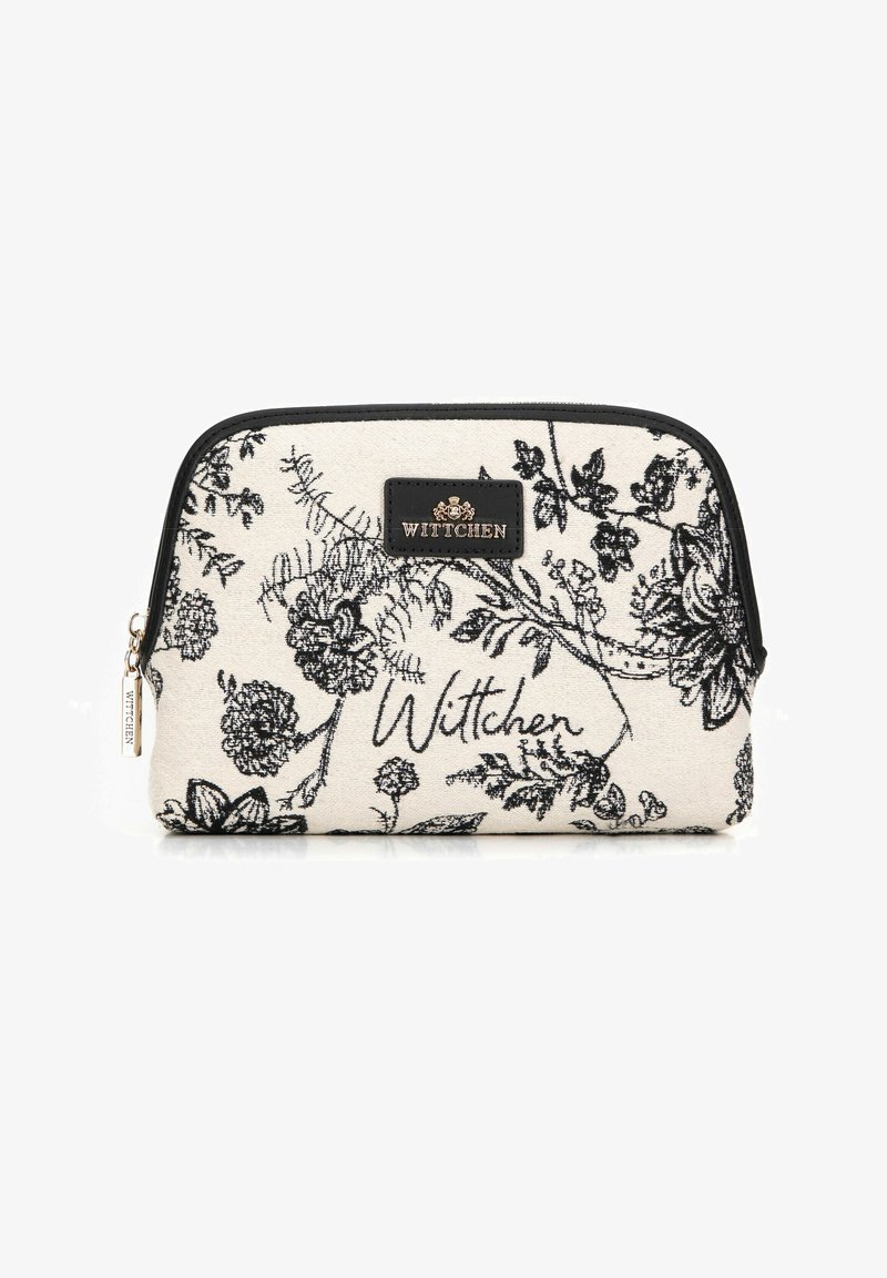 Neceser de maquillaje de tela beige con estampado floral negro. Presenta una cremallera negra y una placa de logo en la parte frontal.
