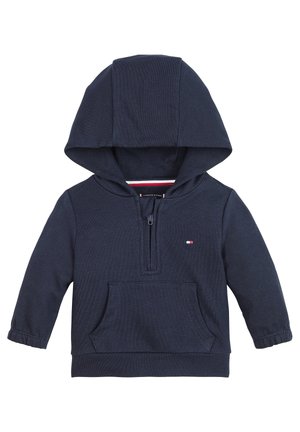 Granatowa bluza dla malucha z kapturem, zamkiem z przodu, kieszenią kangurka, elastycznymi mankietami i małym logo Tommy Hilfiger na piersi.