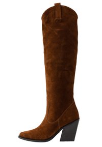 Brauner kniehoher Stiefel aus Wildleder mit spitzer Spitze, Blockabsatz und vertikalem Nahtdesign. Verfügt über eine Zuglasche hinten für einfaches An- und Ausziehen.