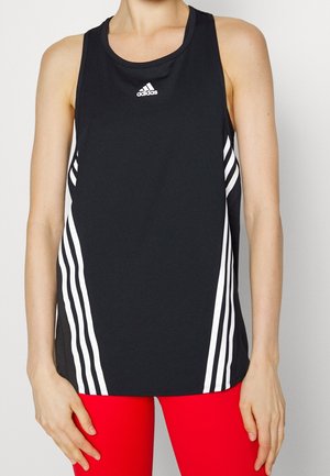 Schwarzes sportliches Tanktop mit weißen Streifen an den Seiten, aus leichtem Stoff, konzipiert für Komfort und Beweglichkeit.
