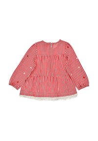 Rot-weiße karierte Bluse mit langen Ärmeln, rüschengesäumt, V-Ausschnitt, Knopfverschluss hinten und floralen Stickereien an den Ärmeln.