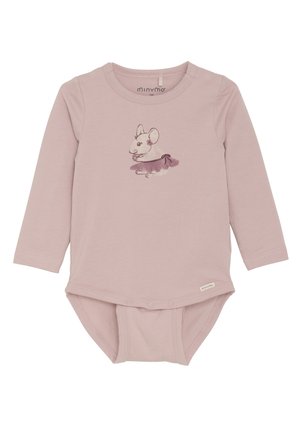 Långärmad rosa bodysuit med en musillustration som bär en tutu. Mjuk tyg, tryckknappar i botten och rund halsringning.