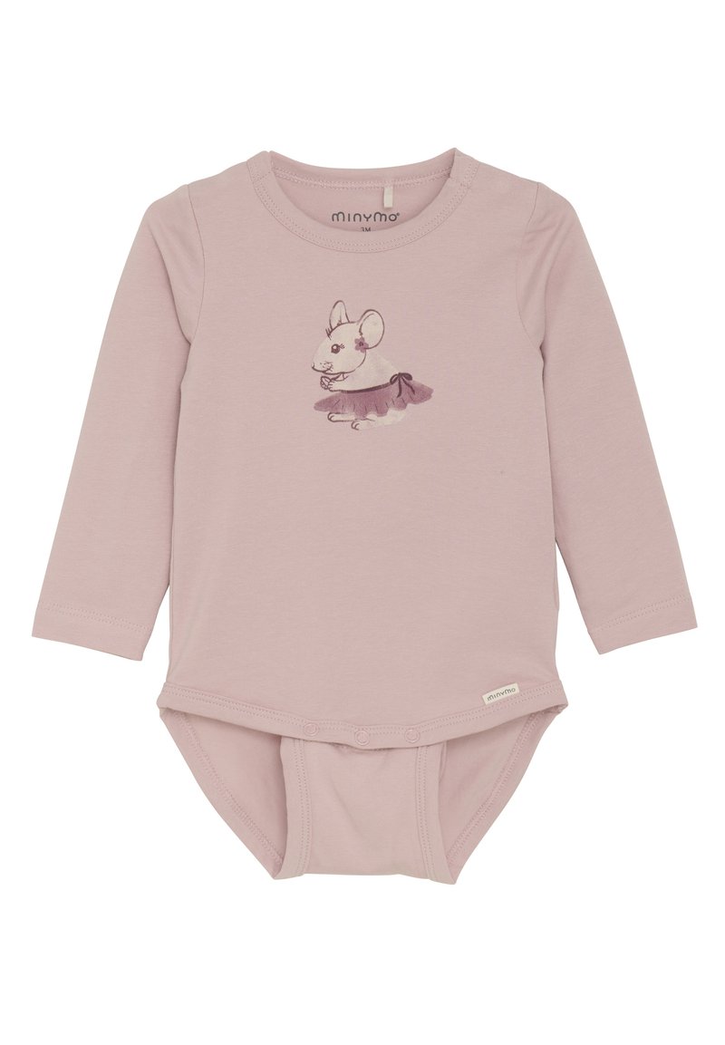 Långärmad rosa bodysuit med en musillustration som bär en tutu. Mjuk tyg, tryckknappar i botten och rund halsringning.