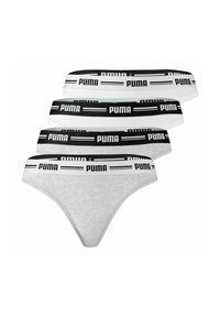 Vierer-Pack Slips in Grau, Schwarz und Weiß. Jeder Slip verfügt über einen kontrastierenden Markengummibund mit dem auffällig platzierten "PUMA"-Logo.
