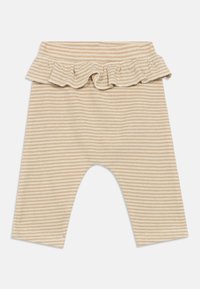 Ριγέ μπεζ κολάν με φουσκωμένη μέση. Διαθέτει μαλακό, υβριδικό ύφασμα και ελαστική εφαρμογή για άνεση.