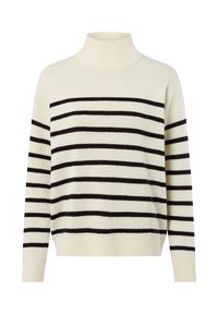 Crème gestreepte trui met een hoge ribbelkraag, zwarte horizontale strepen en een design met verlaagde schouders, met ribbelboorden en -zoom.